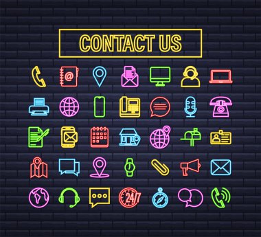 Moda neon ikonu bizimle temas kurar İnce çizgi iş simgesi seti. Web tasarımı için. Vektör stok illüstrasyonu.
