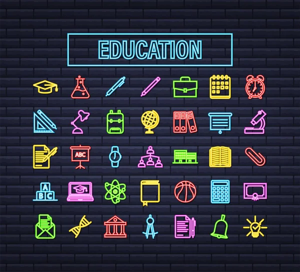 Definir educação ícone de néon para o design de aplicativos móveis. Conjunto de ícones de linha de curso online. Estudo online, educação. Ilustração do estoque vetorial. —  Vetores de Stock