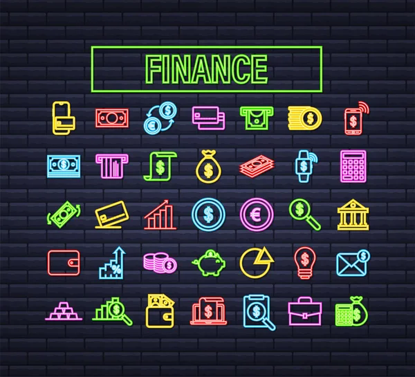 Argent, finances, paiements. Définir l'icône web néon. Illustration vectorielle. — Image vectorielle