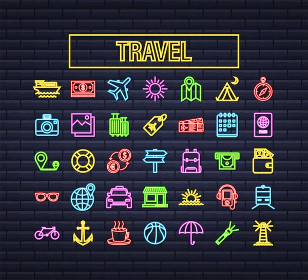 Stel reizen neon pictogram voor web design. Zakelijk icoon. Voorraadillustratie van vectoren. — Stockvector