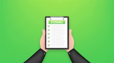 Listeli katılım panosu. Elinde belge tutan bir iş adamı. Anket, anket. Hareket grafikleri