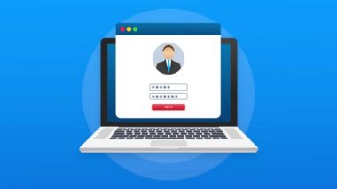 Laptop ekranında giriş sayfası. Not defteri ve çevrimiçi giriş formu, sayfa olarak imzalayın. Kullanıcı profili, hesaba erişim. Hareket grafikleri