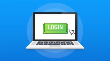 Mavi arkaplanda giriş düğmesi bilgisayarı. Web sitesi şablon tasarımı. Tıkla düğmeye. Hareket grafikleri