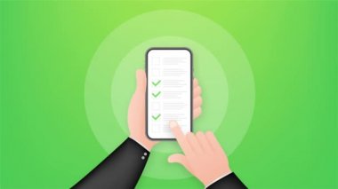 Kontrol listesi tarayıcı penceresi. İşaretle. Akıllı telefon ekranında beyaz kene. Seçim, araştırma kavramları. Hareket grafikleri