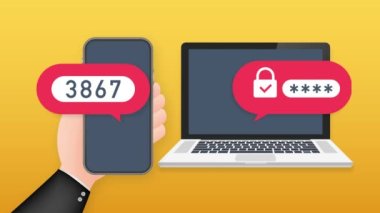 İki adım doğrulama illüstrasyonu, düz çizgi film akıllı telefonu ve bilgisayar güvenliği girişi veya imzası. Hareket grafikleri