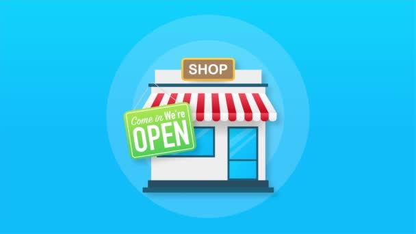 Open sign door. Shop or market store front exterior facade. Motion graphics — Stock Video