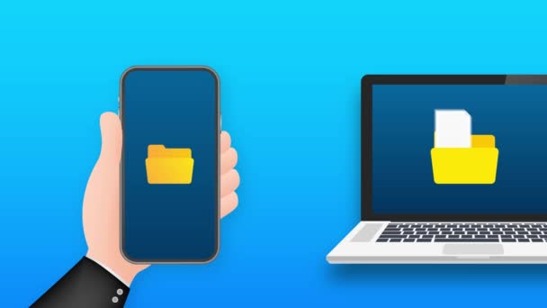 デバイススマートフォン間のデータ画像ファイル転送。ファイル転送コピーファイルデータシート交換コンセプト。モーショングラフィックス — ストック動画
