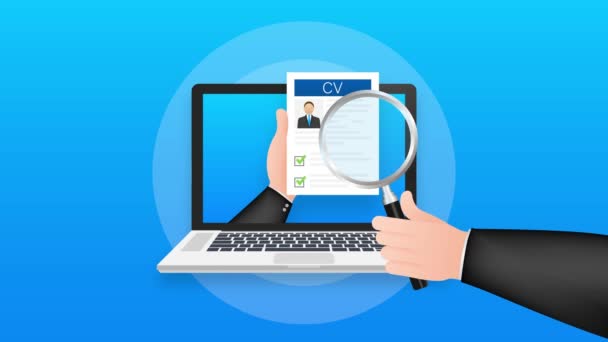 CV reanudar. Concepto de entrevista de trabajo. Escribir un curriculum vitae. Laptop con curriculum vitae personal. Gráficos en movimiento — Vídeo de stock