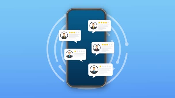 Review rating bubble speeches on mobile phone illustration, flat style smartphone reviews stars with good and bad rate. Motion graphics — Stock Video
