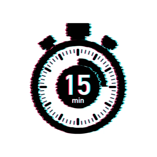 De 15 minuten, stopwatch vector glitch icoon. Stopwatch icoon in platte stijl, timer op kleur achtergrond. Vectorillustratie. — Stockvector