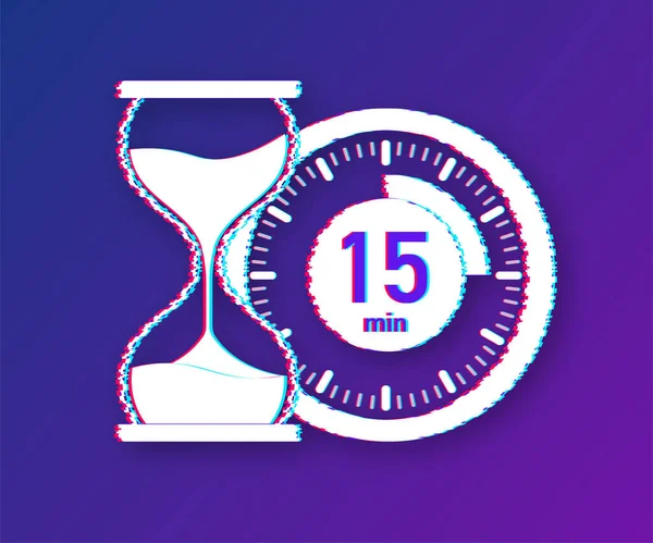 The 15 minutes, stopwatch vector glitch icon. Stopwatch icon in flat style, timer on on color background. Vector illustration. — Stock Vector