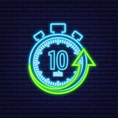 10 dakika, kronometre vektör neon simgesi. Stopwatch simgesi düz stil, zaman ayarlı renk arkaplanı. Vektör illüstrasyonu.