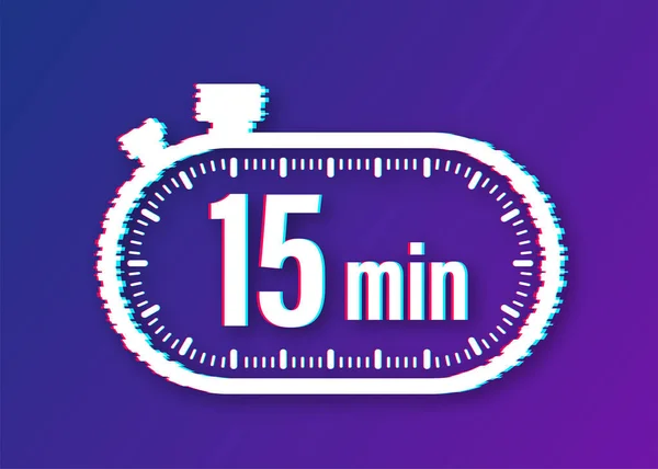 De 15 minuten, stopwatch vector glitch icoon. Stopwatch icoon in platte stijl, timer op kleur achtergrond. Vectorillustratie. — Stockvector