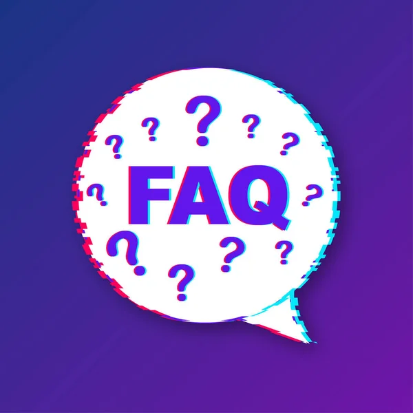 Frequently asked questions FAQ banner. Glitch icon. Computer with question icons. Vector illustration. — Stock Vector