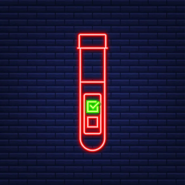 Bloedtest resultaat in vlakke stijl. Chemisch laboratoriumonderzoek. Neon icoon. Vectorillustratie. — Stockvector