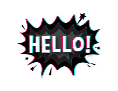 Mesajlı komik konuşma baloncukları. Merhaba. Arıza simgesi. Klasik karikatür çizimi. Vektör stok illüstrasyonu.