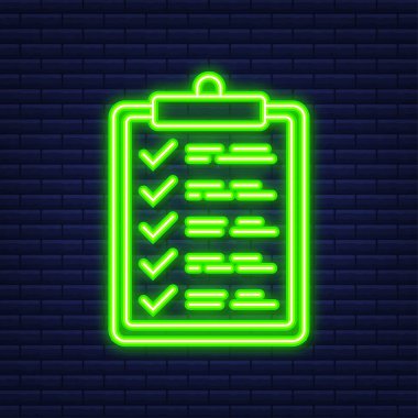 Çevrimiçi araştırma, kontrol listesi, anket ikonu. Geribildirim işi. Neon simgesi. Vektör illüstrasyonu.
