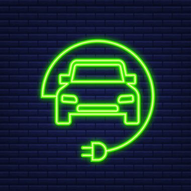 Elektrikli araç ikonu şarj ediyor. Ev ücreti. Elektrikli araba. Neon simgesi. Vektör illüstrasyonu.