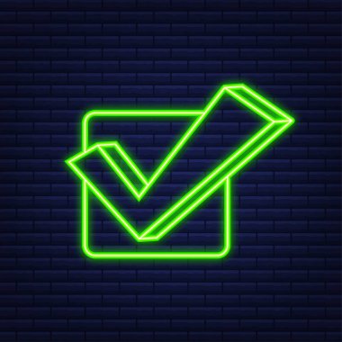 İşaretle. Yeşil onaylı çıkartma. Neon tarzı. Vektör illüstrasyonu.