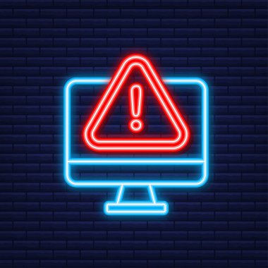 Mesaj monitörünü alarma geçir. Neon simgesi. Tehlike hatası uyarıları, dizüstü bilgisayar virüsü sorunu veya güvensiz mesajlaşma sorunları bildirimleri. Vektör illüstrasyonu.