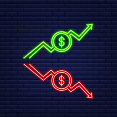 Yukarı ve Aşağı okları ve beyaz zemin üzerinde düz simge tasarımı ile Euro işareti. Neon simgesi. Vektör illüstrasyonu.
