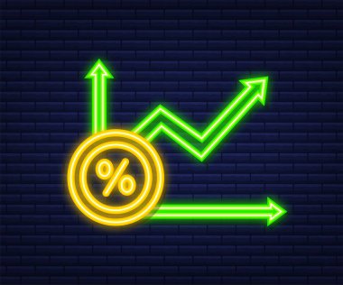 Yüzde yüz büyüme grafiği. Kredi yüzdesi sembolü. Neon tarzı. Vektör illüstrasyonu.