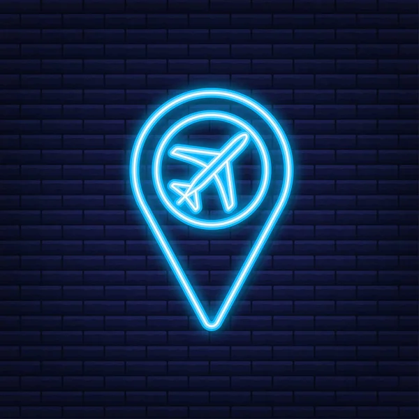 Repülőtéri kitűző a koncepciótervezéshez. Pin point ikon. Térkép szimbólum. Helyszín, mutató ikon szimbólum design. Neon ikon. — Stock Vector