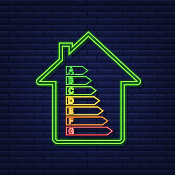 Tableau d'efficacité énergétique et concept de maison. Vecteur icône maison. L'énergie solaire. La maison verte. Icône néon. Illustration vectorielle. — Image vectorielle