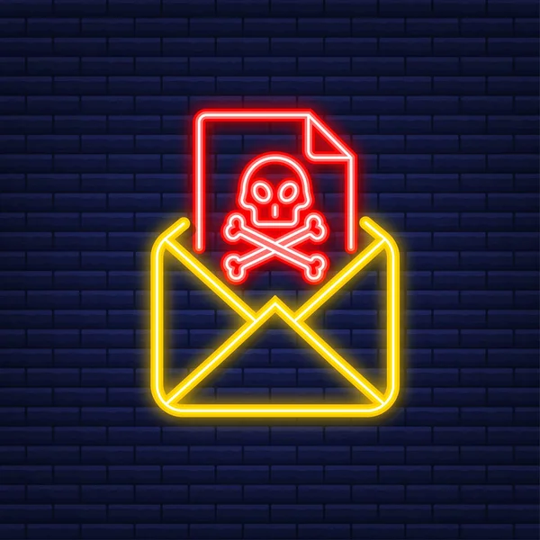 E- posta virüsü. Neon simgesi. Bilgisayar ekranı. Virüs, korsanlık, hackleme ve güvenlik, koruma. Vektör stok illüstrasyonu. — Stok Vektör