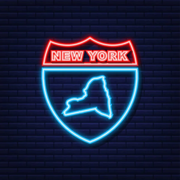 El mapa del estado de Nueva York describe la animación. Icono de neón. Ilustración vectorial. — Vector de stock