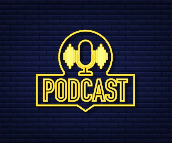 Podcast neon ikonu. Rozet, simge, pul, logo. Vektör stok illüstrasyonu. — Stok Vektör