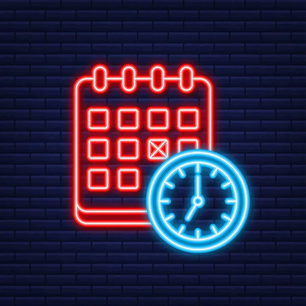 Icono de calendario y línea de reloj. Programar conceptos. Icono de neón. Elementos gráficos de diseño plano moderno. Ilustración vectorial. — Vector de stock