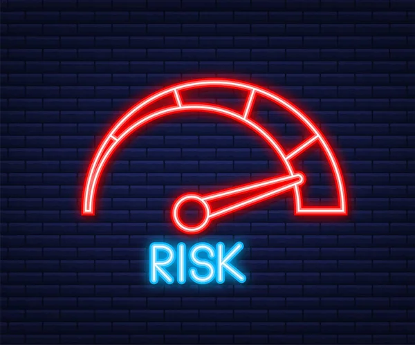 Risicopictogram op snelheidsmeter. Hoge risico meter. Neon icoon. Vectorillustratie. — Stockvector
