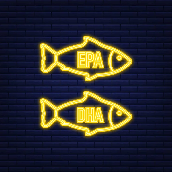 EPA, DHA Vector Drops Set. Icono de neón. Omega Tres. Vitamina orgánica. Ilustración vectorial. — Archivo Imágenes Vectoriales