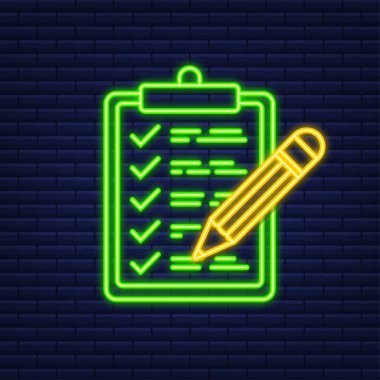 Liste simgesi olan pano. Neon simgesi. Web için kontrol listesi simgesine sahip pano. Vektör illüstrasyonu.