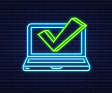 İşaretli ya da işaretli bir dizüstü bilgisayar. Neon simgesi. Onaylanmış bir seçim. Kontrol işaretini kabul et ya da onayla. Vektör illüstrasyonu.