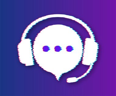 Online destek servisi. Arıza simgesi. Mikrofonlu kulaklıklar ve sohbet baloncukları. Vektör stok illüstrasyonu.