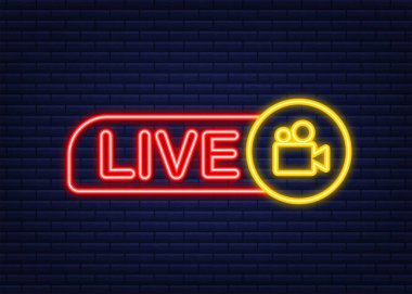 Canlı yayın logosu. Neon simgesi. Akış arayüzü. Vektör stok illüstrasyonu.