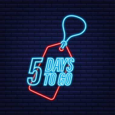 5 gün kaldı. Geri sayım zamanlayıcısı. Neon simgesi. Zaman simgesi. Sayım zamanı indirimi. Vektör stok illüstrasyonu.