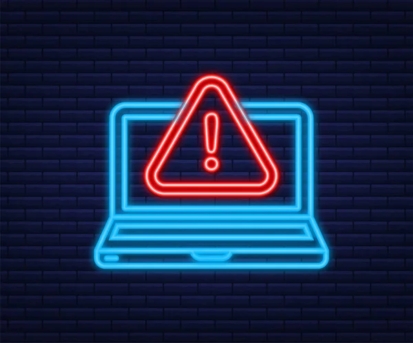 Alarmmeldung Laptop Benachrichtigung. Neon-Symbol. Gefahrenwarnungen, Laptop-Virenprobleme oder unsichere Benachrichtigungen über Spam-Nachrichten. Vektorillustration. — Stockvektor