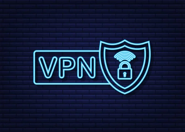 Conceito de conexão VPN segura. Visão geral da conectividade de rede privada virtual. Ícone de néon. Ilustração do estoque vetorial. — Vetor de Stock