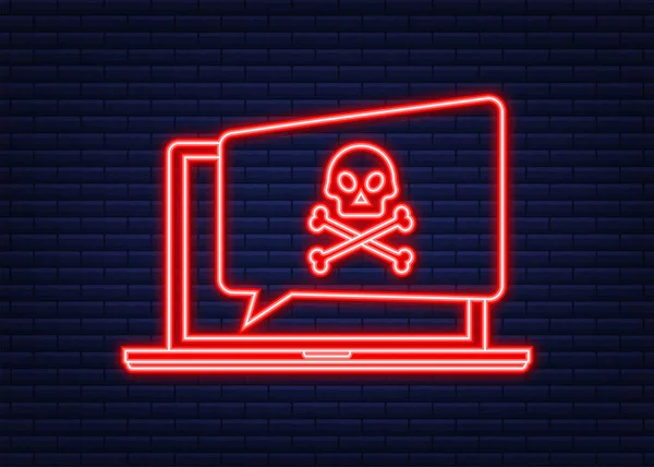 Attacco informatico. Phishing dei dati, laptop, sicurezza internet. Allarme virus. Icona al neon. Illustrazione dello stock vettoriale. — Vettoriale Stock