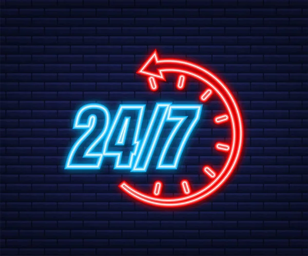 24-7 service concept. 24-7 open. Neon icon. Support service icon. Vector stock illustration. — Stock Vector