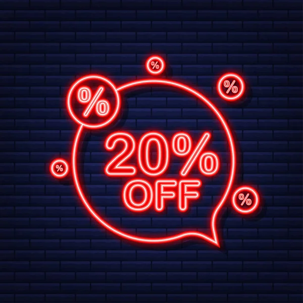 20 per cento OFF Vendita Banner sconto. Icona al neon. Sconto offerta prezzo tag. Illustrazione vettoriale. — Vettoriale Stock