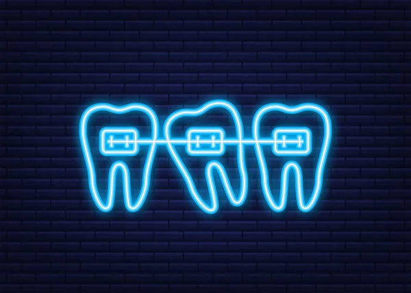 Korekcja zębów aparatem ortodontycznym. Etapy osiowania zębów. Usługi kliniki dentystycznej. Styl neonowy. Ilustracja wektora. — Wektor stockowy