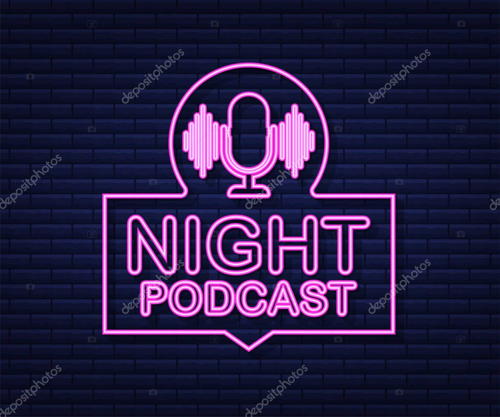 Night Podcast neon icon, vector symbol in flat isometric style isolated on white background. Vector stock illustration