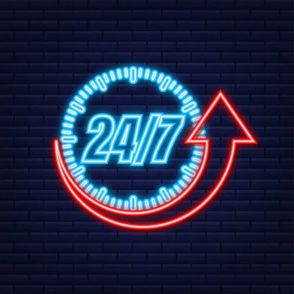 24-7 service concept. 24-7 open. Neon icon. Support service icon. Vector stock illustration. — Stock Vector
