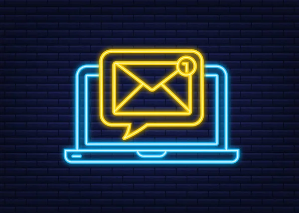 Conceito de notificação por email. Ícone de néon. Novo e-mail. E-mail Marketing. Sino de notificação. Ilustração vetorial. — Vetor de Stock