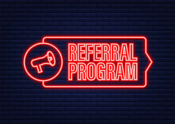 Megafoon met Referral programma. Neon icoon. Vectorillustratie. — Stockvector