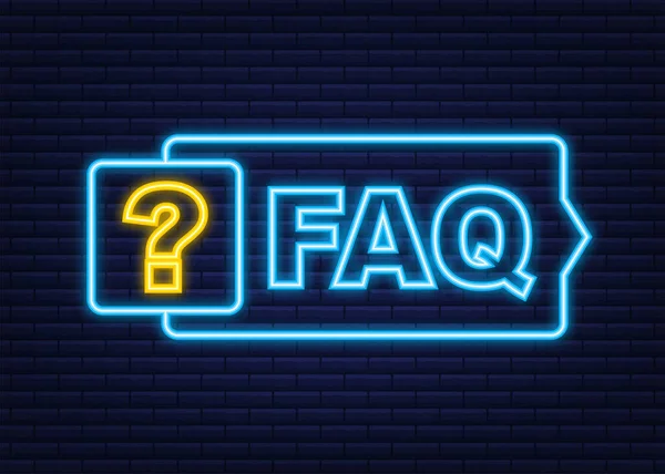 Frequently asked questions FAQ banner. Neon icon. Computer with question icons. Vector illustration. — Stock Vector